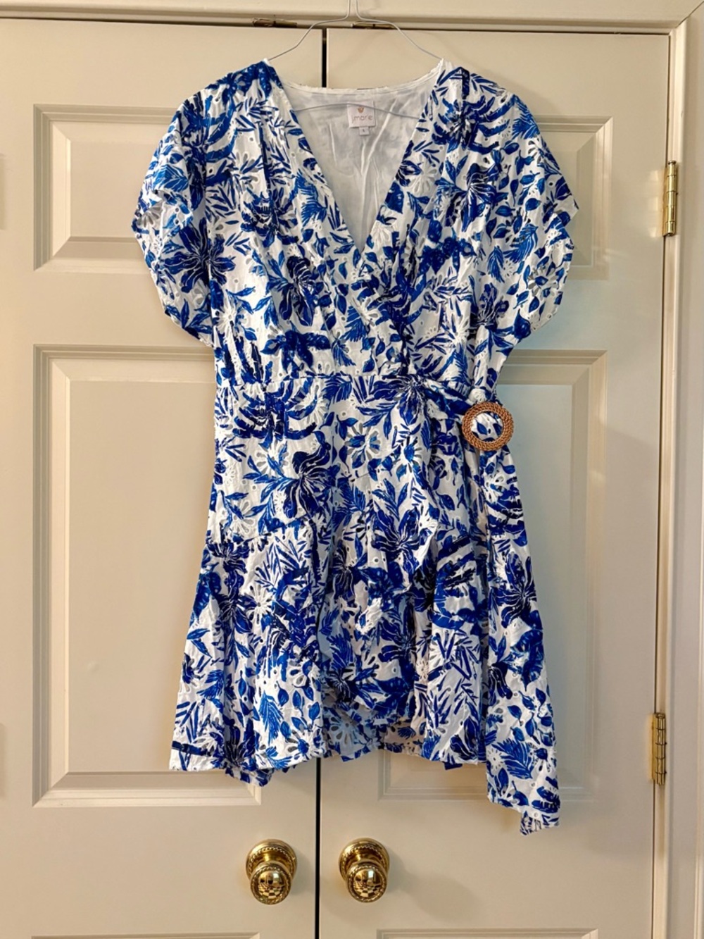 Blue & White Floral Wrap Romper with Waist Accent